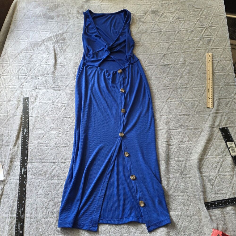 Double Suspicious Blue Ribbed Sleeveless V-Neck Button Maxi Dress Stretch L/XL